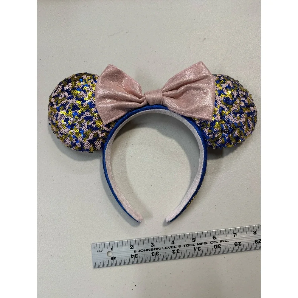 Disney Parks Minnie Mouse Ears Headband Blue Pink Gold Sequin Leopard‎ Print Bow